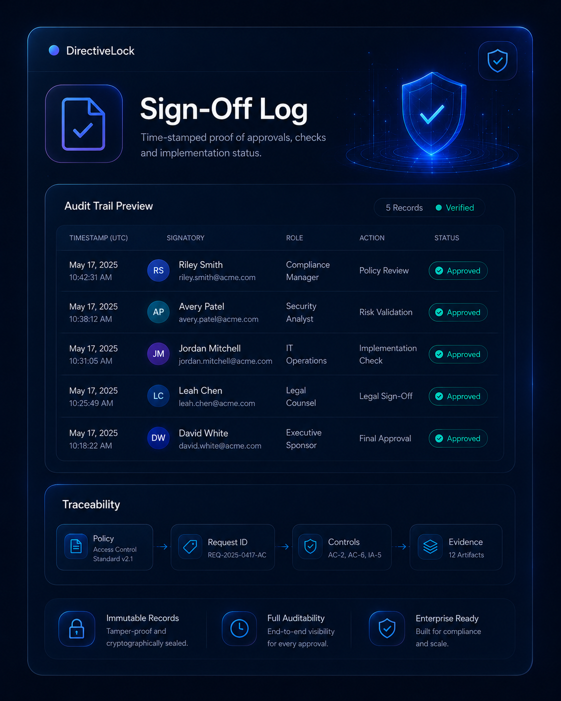 DirectiveLock sign-off log mockup